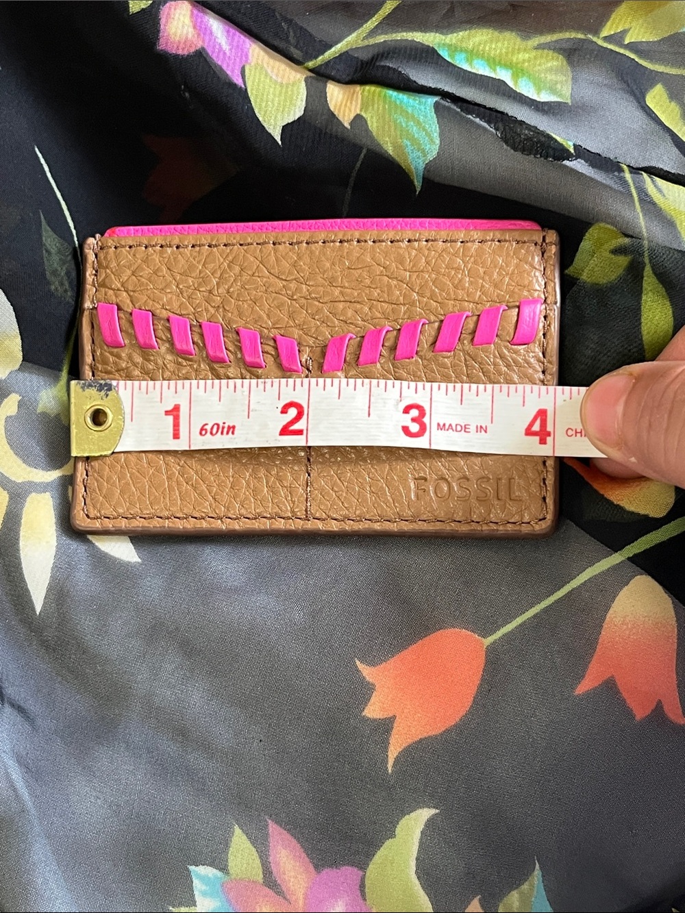 Fossil Tan Pebbled Leather Card & Key Holder with Hot Pink Accent - Picture 8 of 9